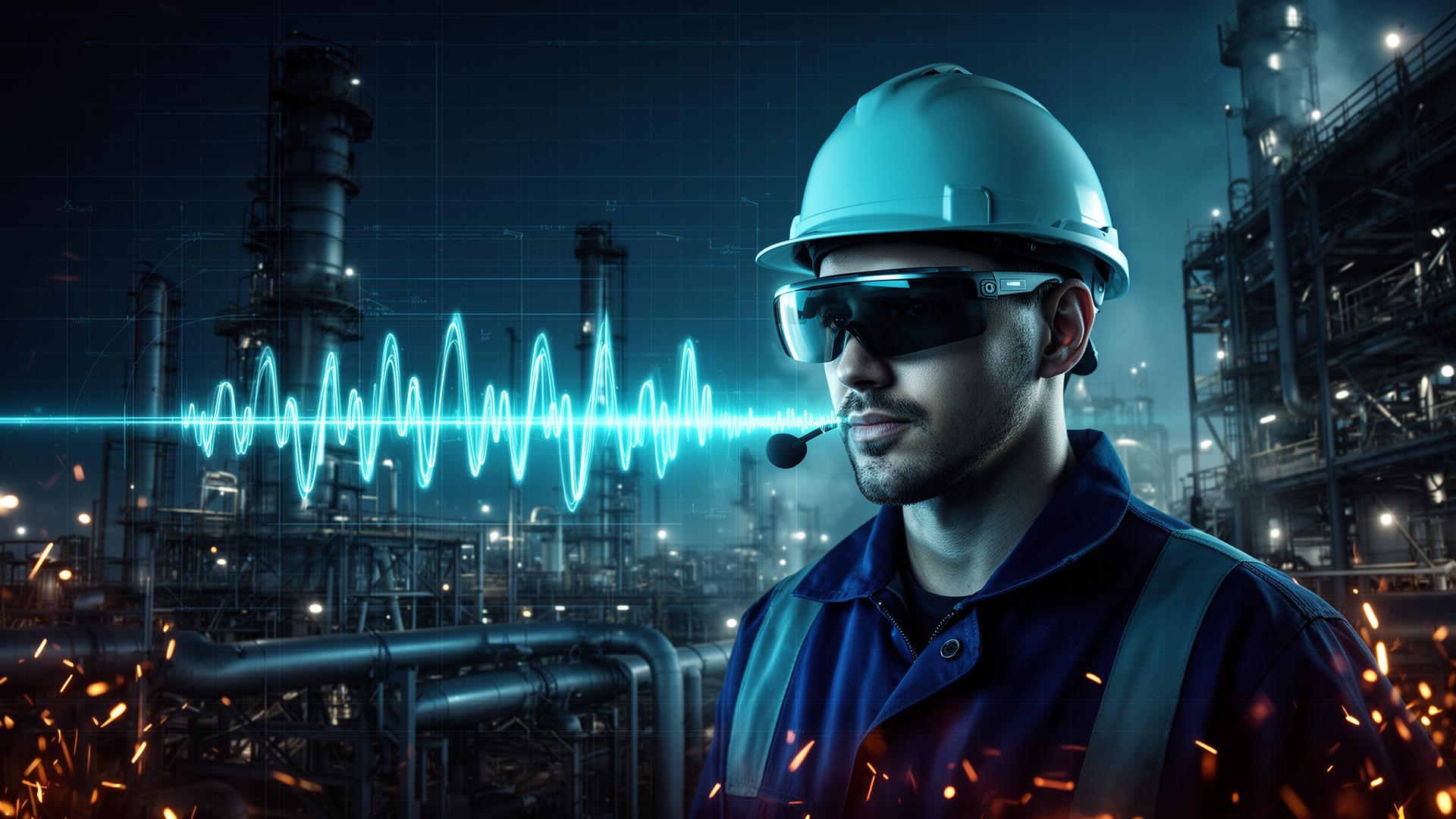 Industrial worker wearing smart helmet with AR glasses using voice technology in a refinery